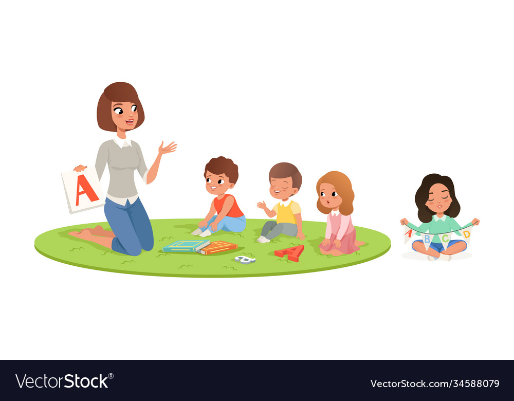 Young woman holding abc cards and teaching kid Vector Image