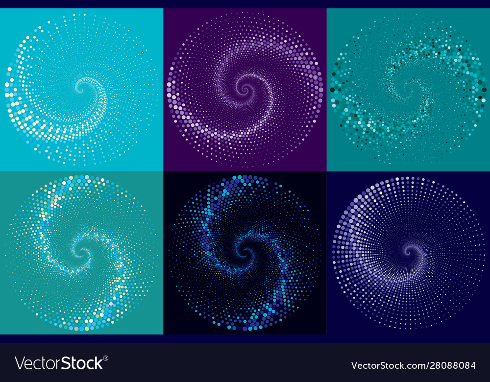 Dotted halftone spiral pattern or texture set vector image Dotted halftone spiral pattern or texture set