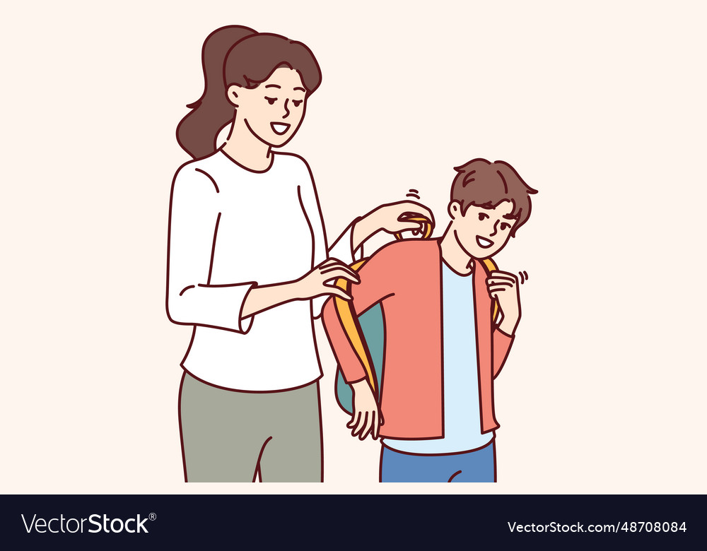 Mother helps son get ready for school and put Vector Image