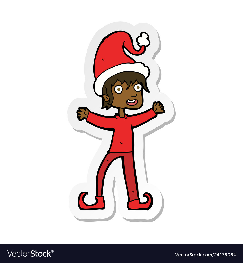 Sticker of a cartoon excited christmas elf