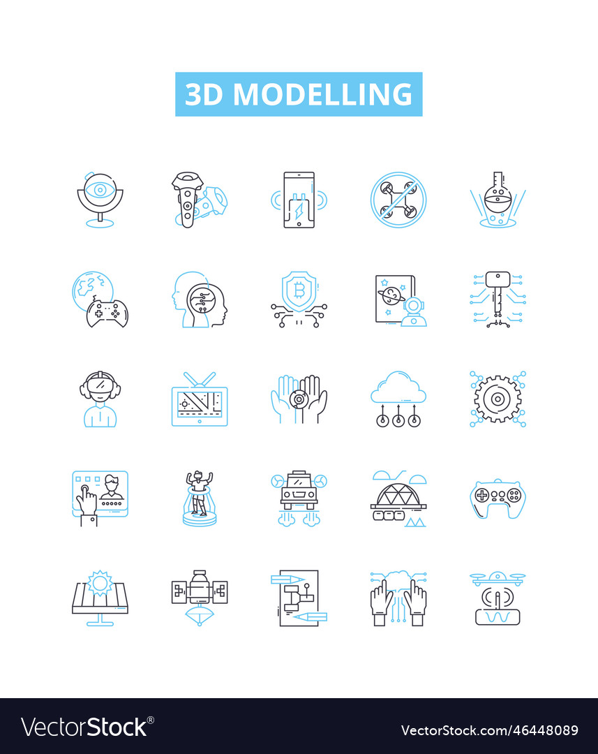 3d modelling line icons set