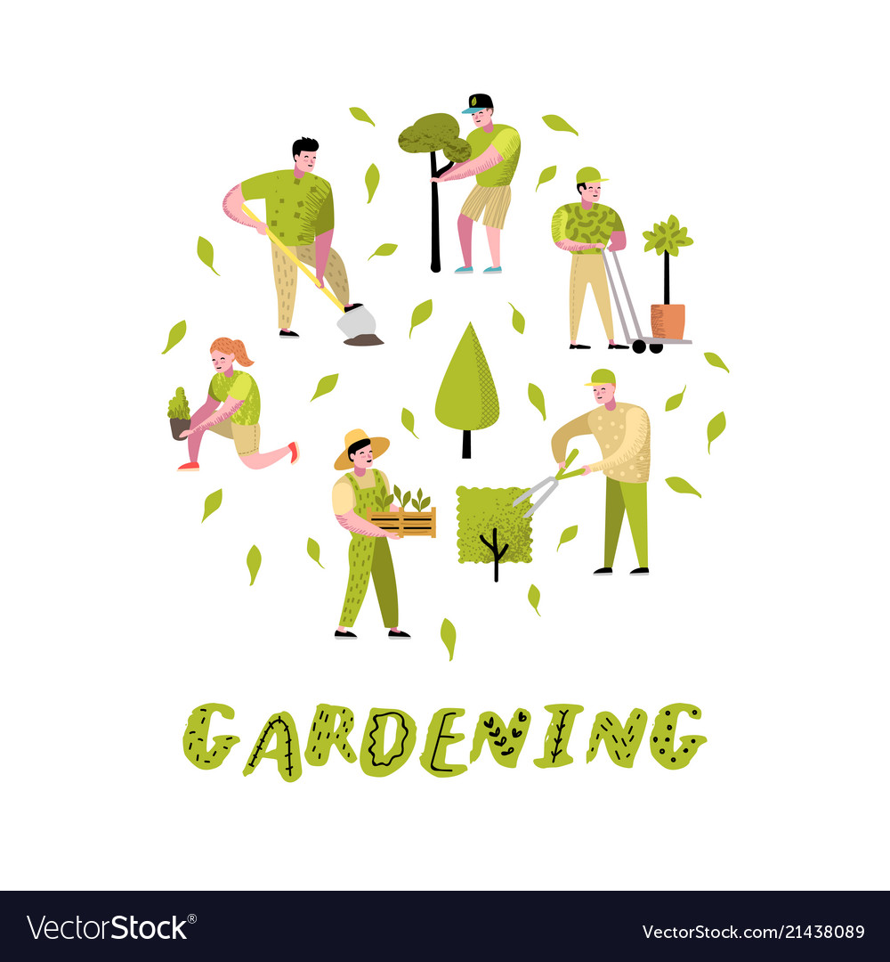 Gardening cartoons characters with plants and tree