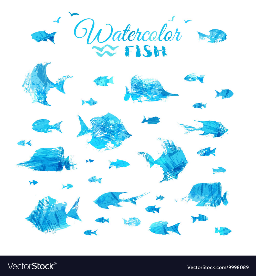 Set of watercolor fish silhouettes