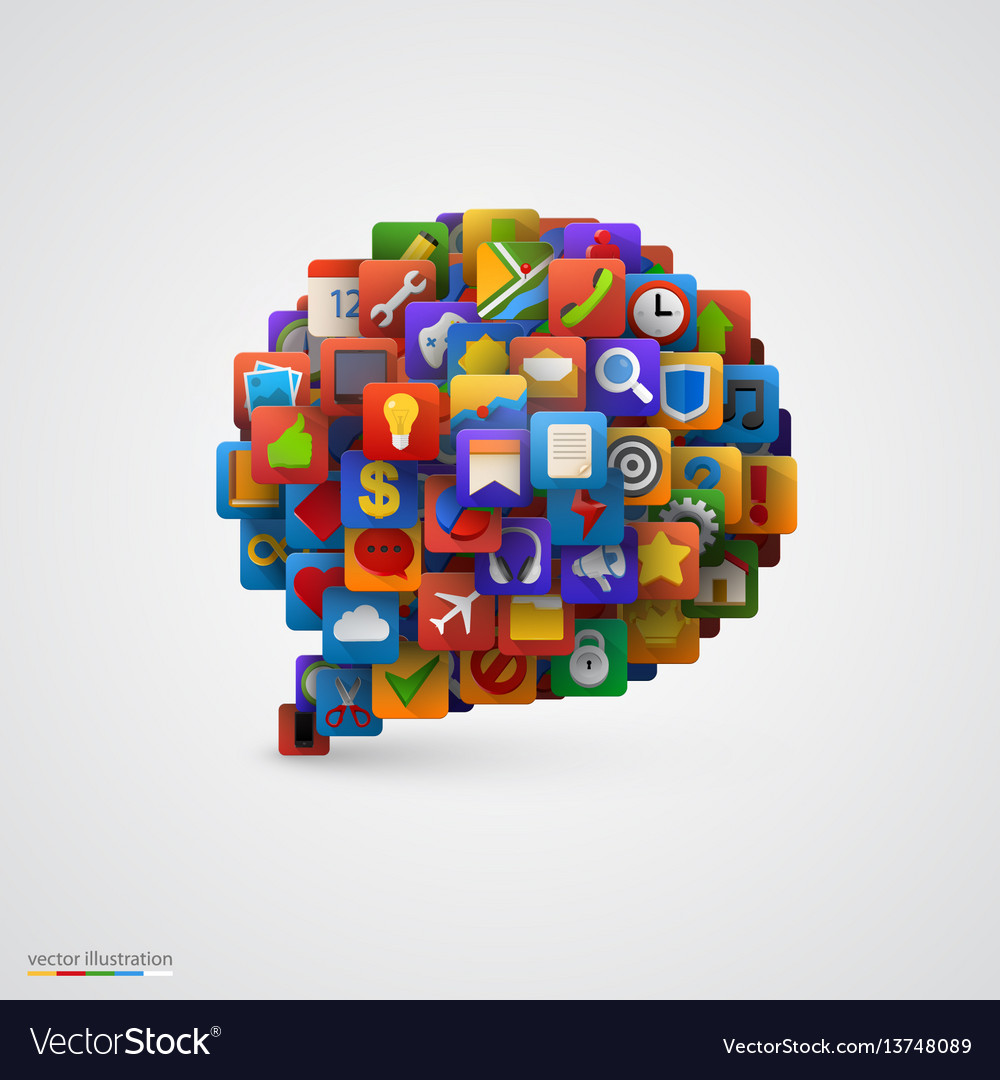 Speech bubble with many application icons vector image Speech bubble with many application icons