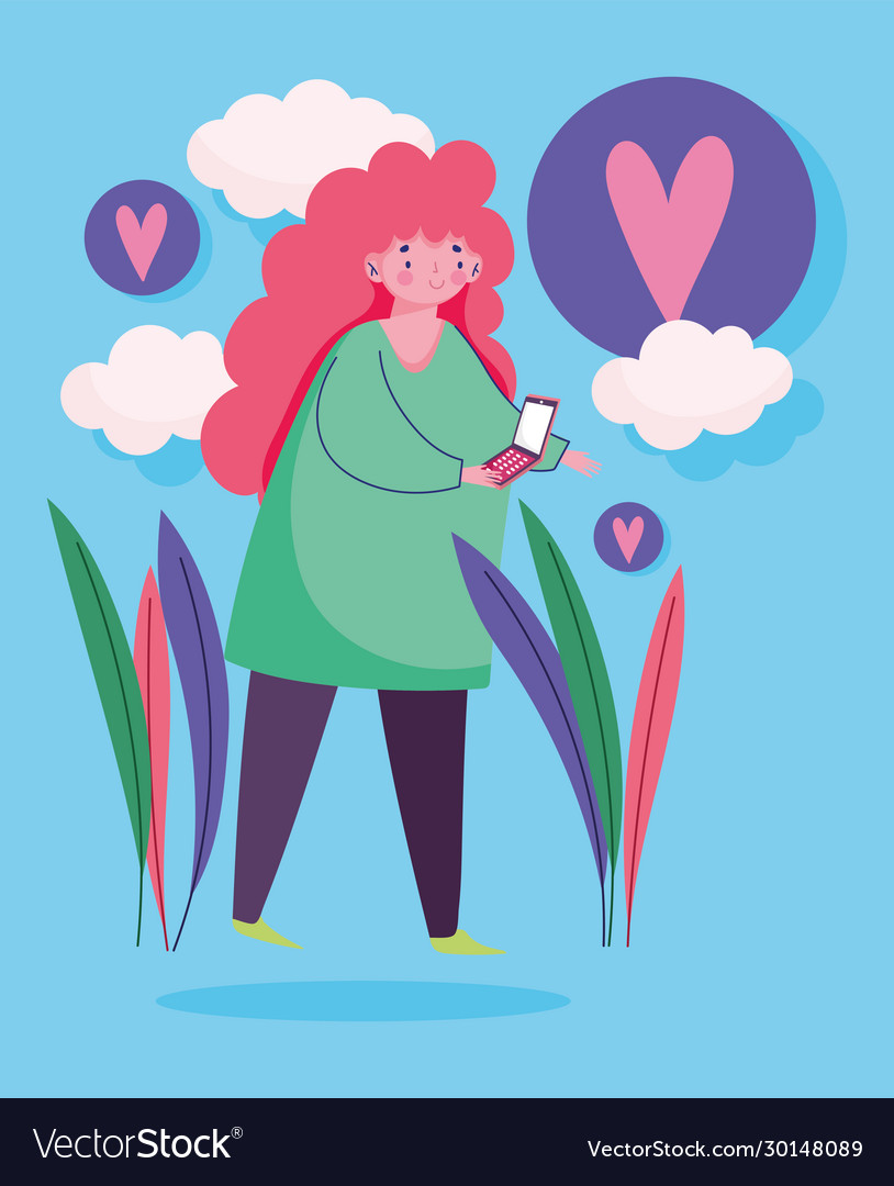 Young woman using smartphone love bubbles outdoor