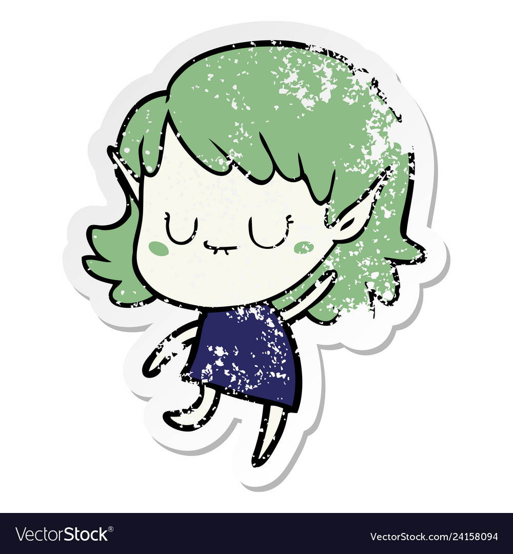 Distressed sticker of a happy cartoon elf girl Vector Image