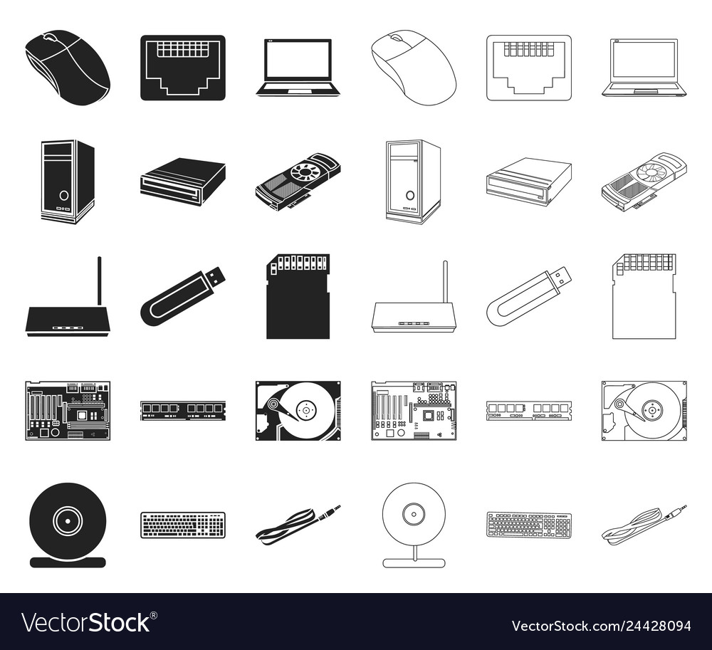 Personal computer blackoutline icons in set Vector Image Personal computer blackoutline icons in set