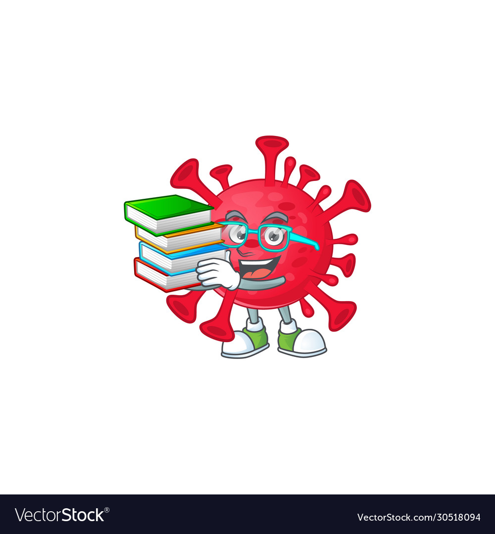 Student in coronavirus amoeba cartoon with book