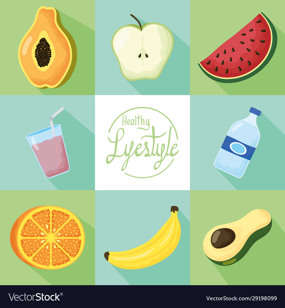 Healthy lifestyle lettering with set icons