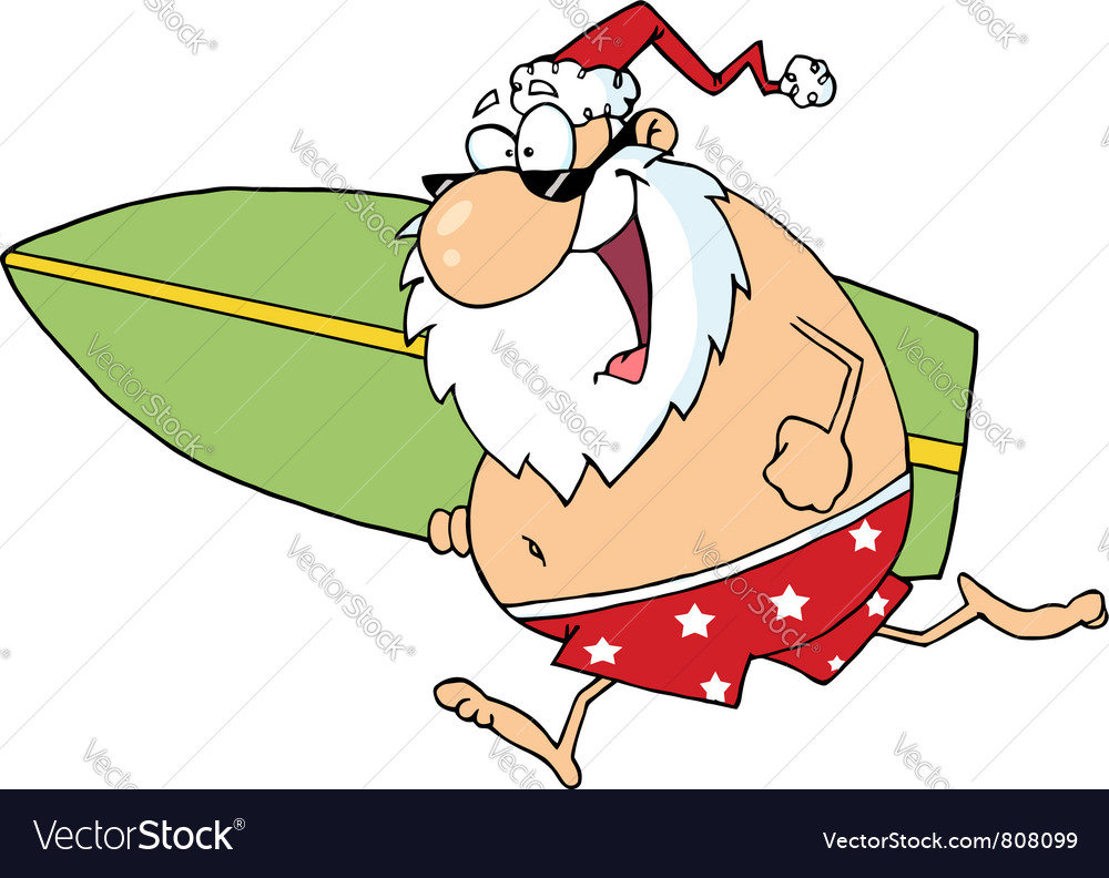 Santa running on a beach with surfboard