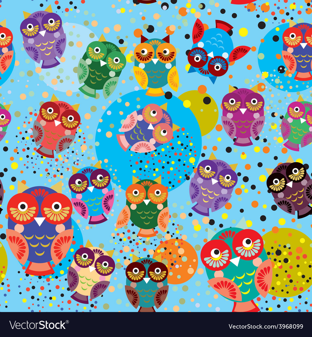 Seamless pattern with colorful owls on a blue