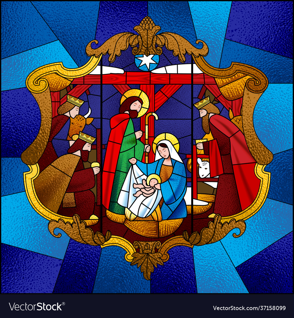 Stained Glass Window Depicting Christmas Scene Vector Image