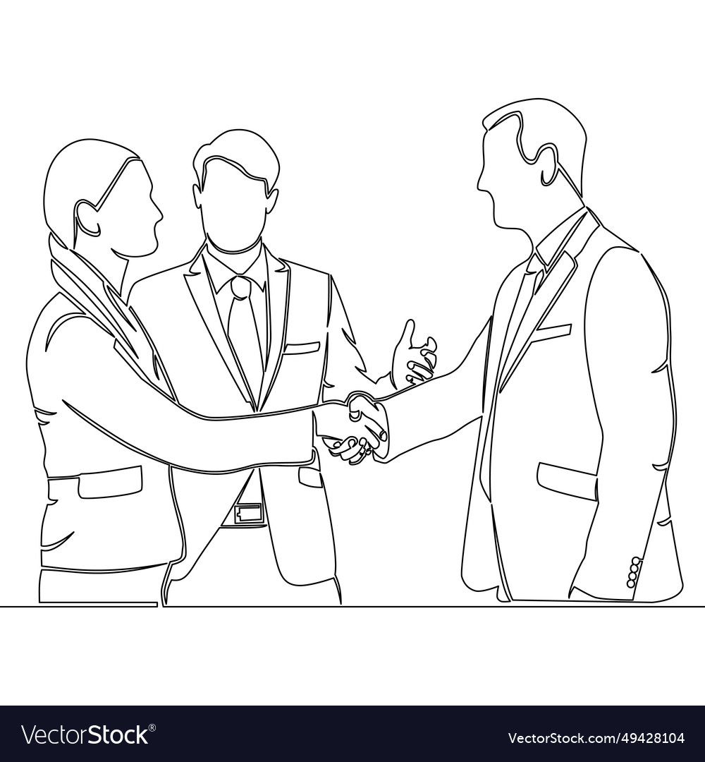 Continuous line three office workers introducing