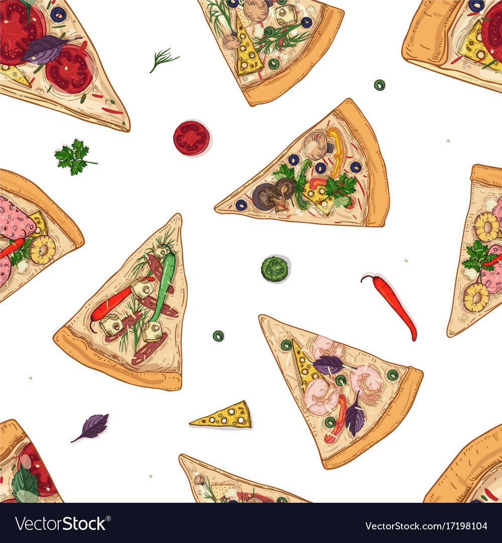 Seamless pattern with slices of different pizza