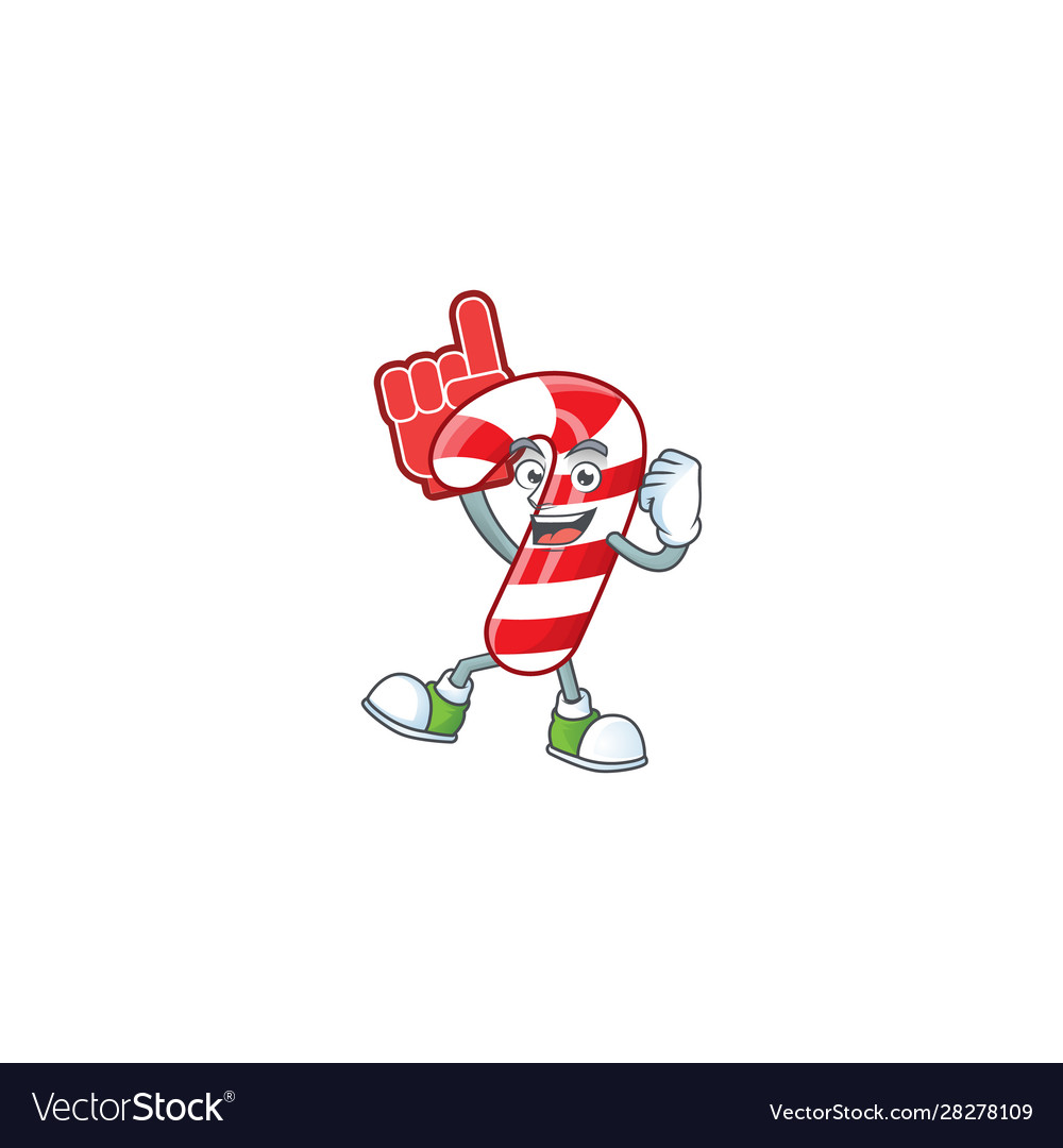 Foam finger christmas candy cane on mascot cartoon