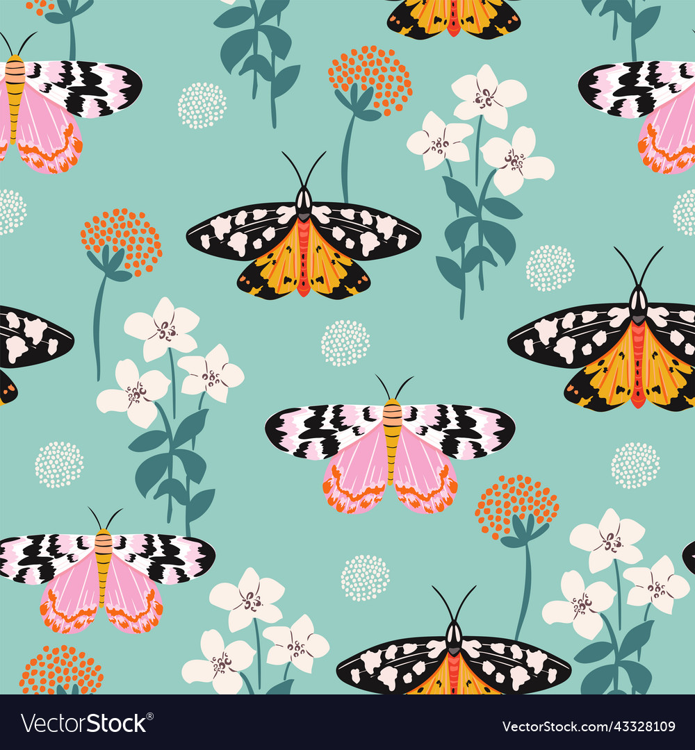 Seamless pattern with moths flowers butterfly vector image Seamless pattern with moths flowers butterfly