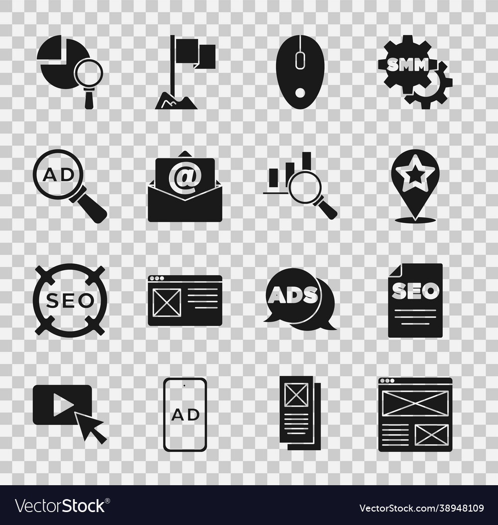 Set browser window seo optimization map pointer vector image Set browser window seo optimization map pointer