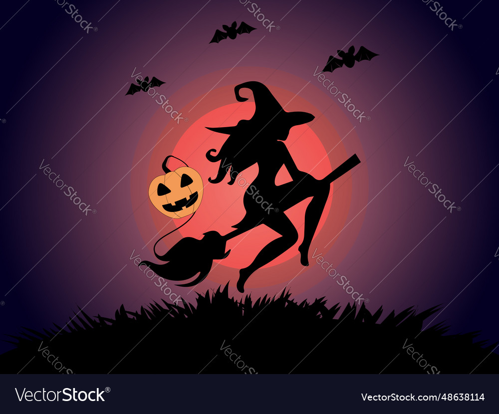 Halloween witch flying on horror background