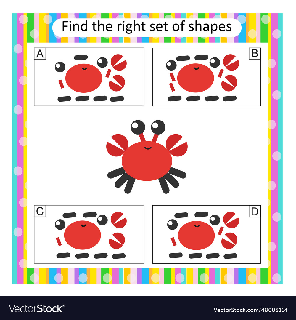 Logic puzzle find the correct set of cartoon crab Vector Image
