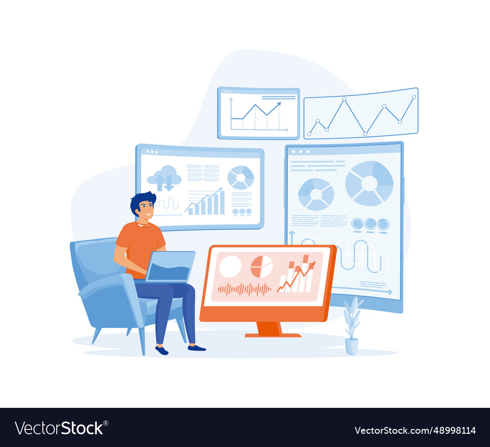 Man working in data center room hosting server Vector Image Man working in data center room hosting server