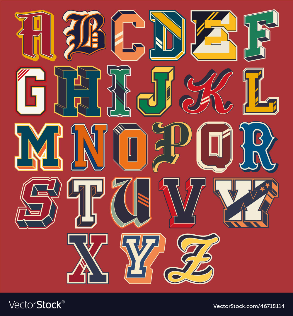 Varsity collegiate athletic letters font alphabet Vector Image