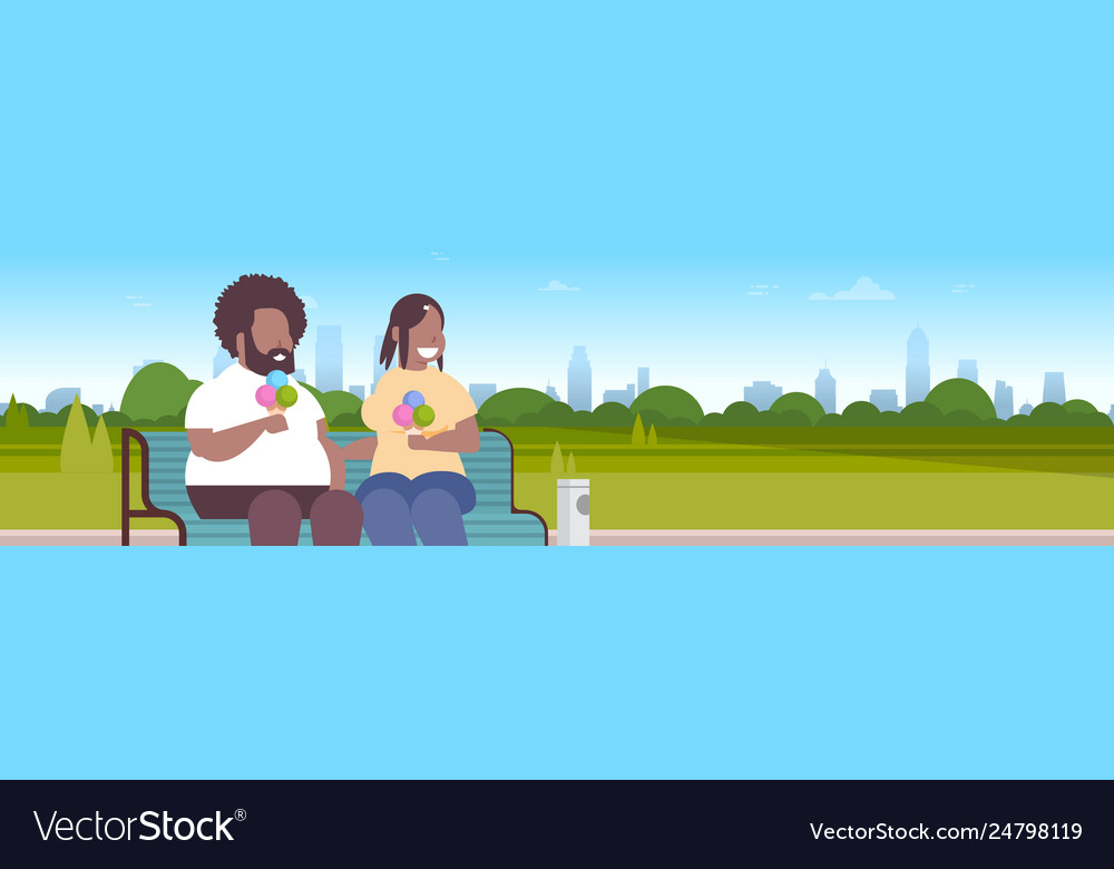 Fat Obese Couple Sitting Wooden Bench Eating Ice Vector Image