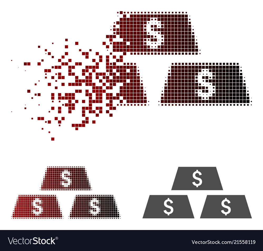 Fragmented pixel halftone dollar bullion bars icon