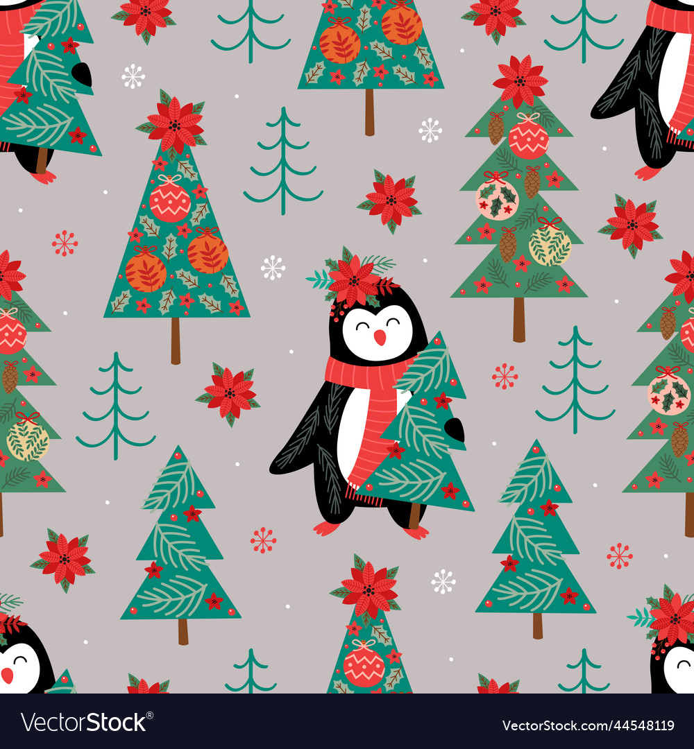 Seamless pattern with penguin and christmas trees