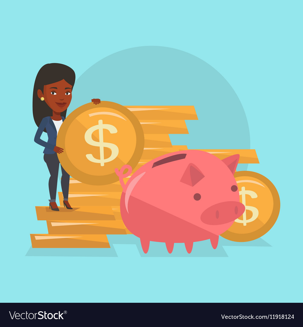 Business woman putting coin in piggy bank