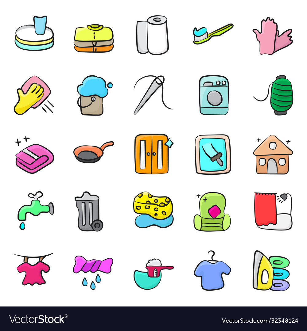 Reinigungsausrüstung doodle icons pack