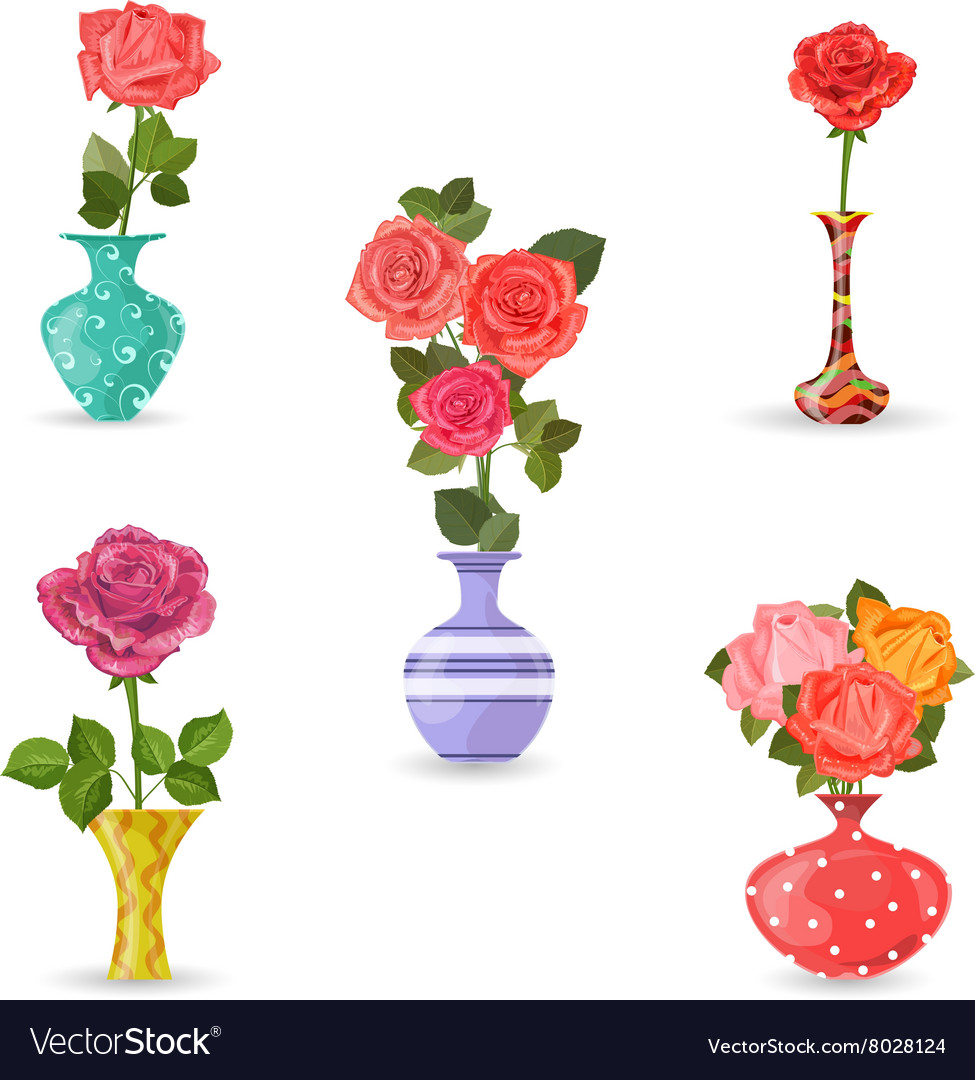 Collection Of Flowers Vases With Roses For Your Vector Image