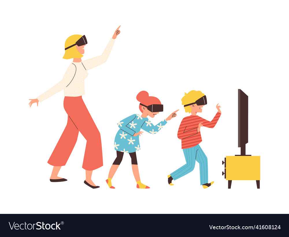 Family playing video games in vr glasses flat