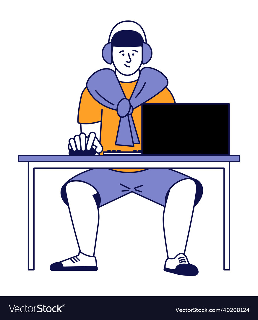 Guy in headset working at computer boy playing vector image Guy in headset working at computer boy playing