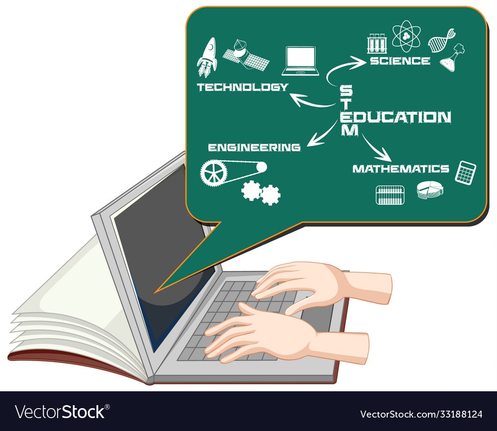 Hands using laptop with stem education cartoon