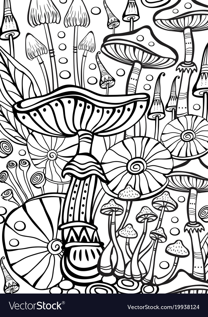 Mushrooms coloring antistress book page Royalty Free Vector