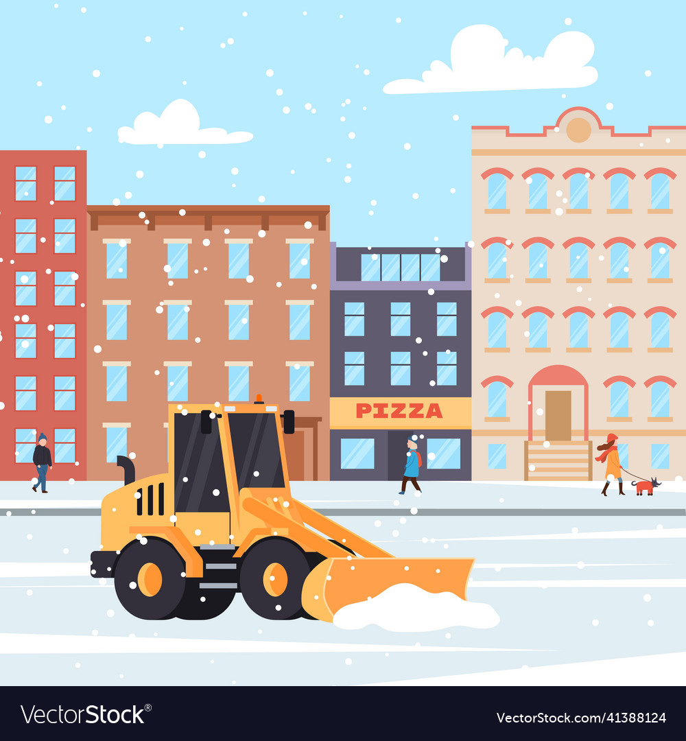 Snow plow truck cleans city streets after Vector Image