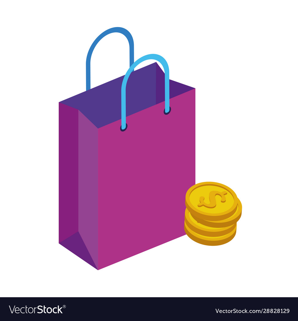 Bag shopping with pile coins isolated icon