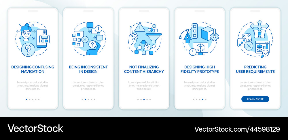 Common user experience mistakes blue onboarding Vector Image