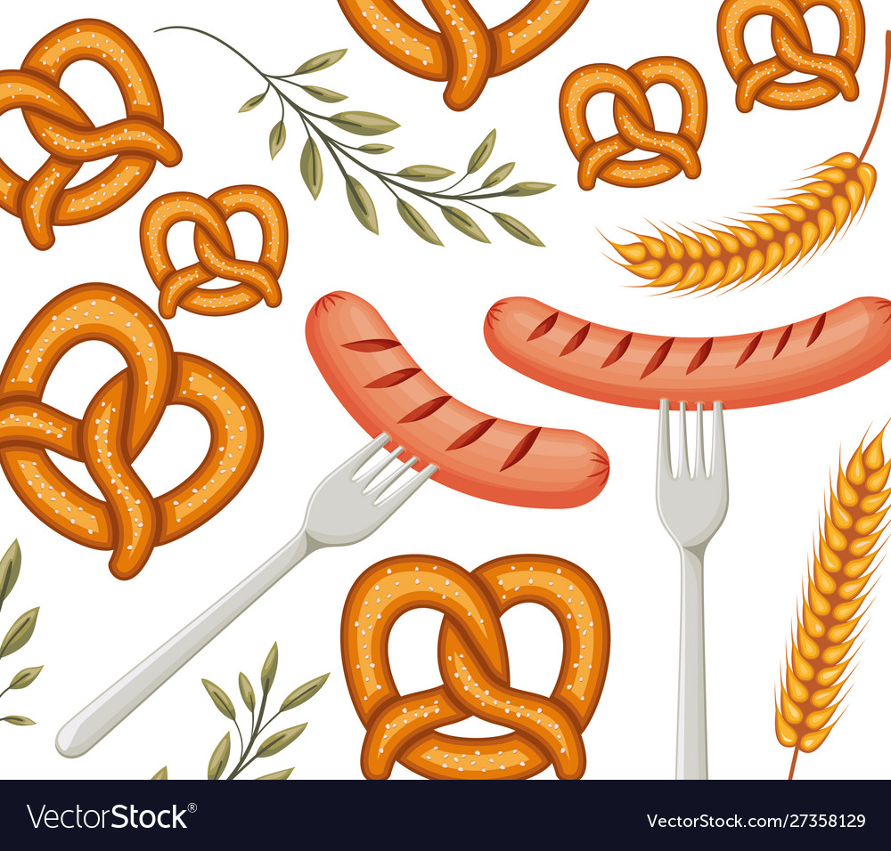 Delicious sausage frankfurter in fork with pretzel