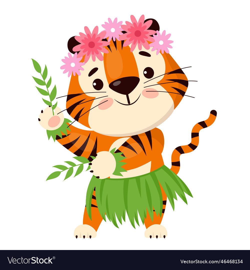 Cute cartoon tiger in traditional hawaiian skirt