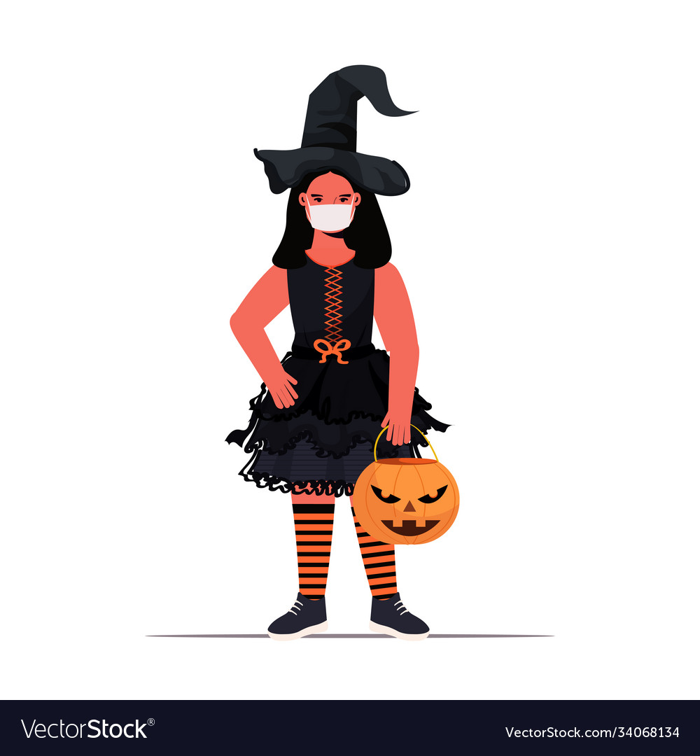 Girl In Mask Wearing Witch Costume Woman Holding Vector Image 9528