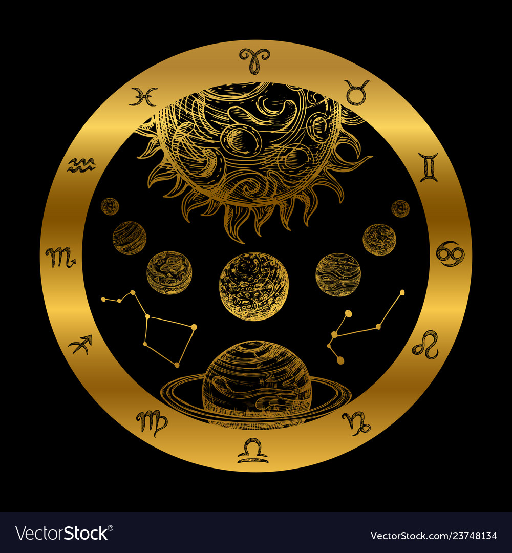 Golden astrology concept with planets isolated vector image Golden astrology concept with planets isolated