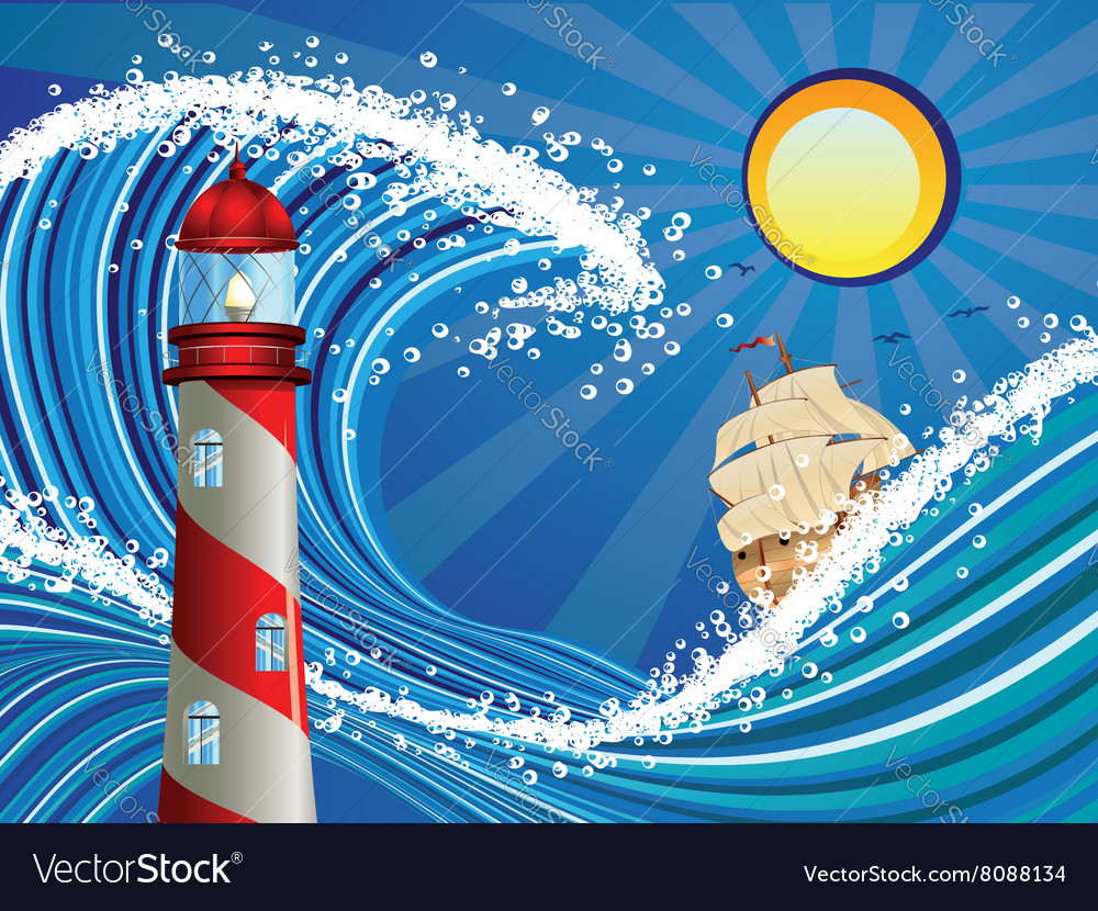 Lighthouse and boat in the sea2 Royalty Free Vector Image