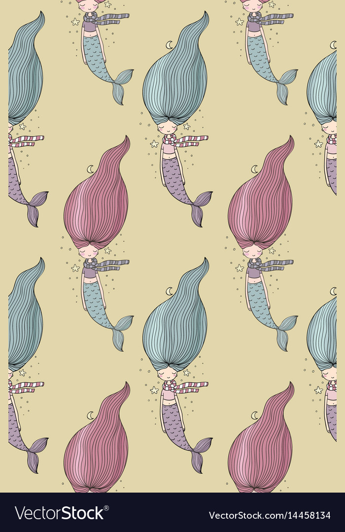 Pattern with cute little mermaid siren sea theme