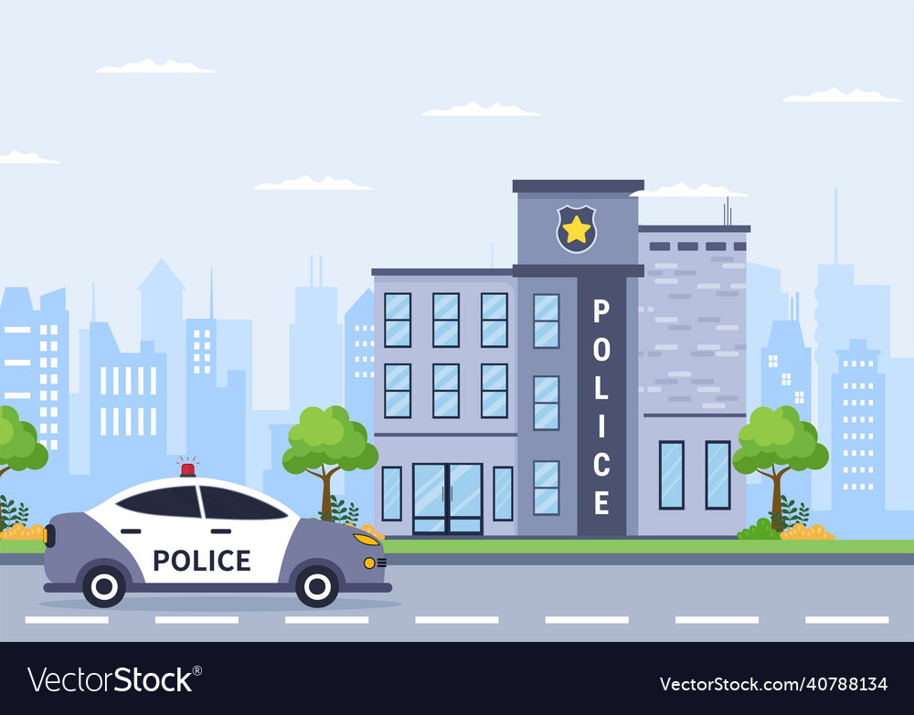 Police station department building with policeman