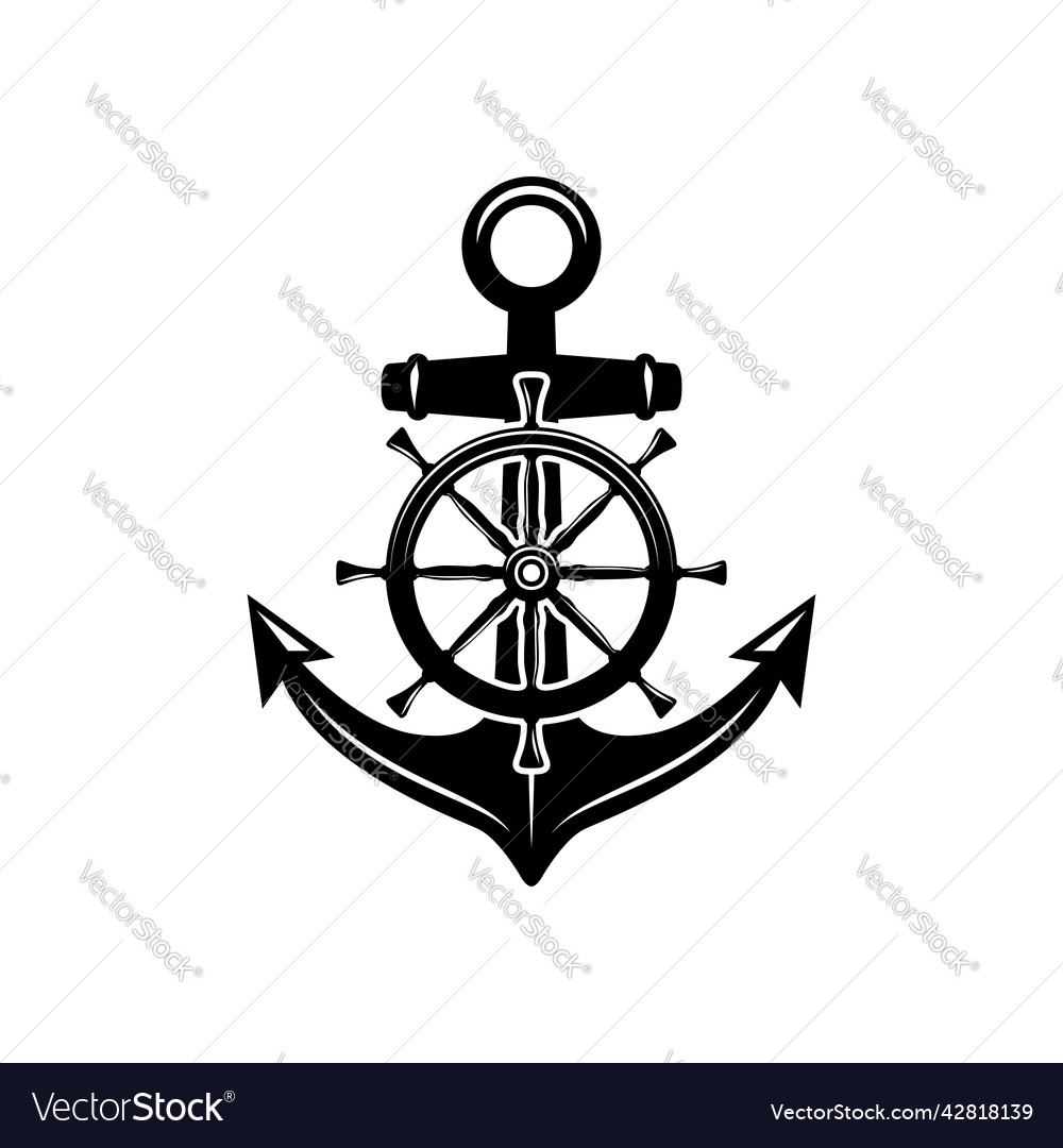 An anchor with ship steering wheel in monochrome Vector Image