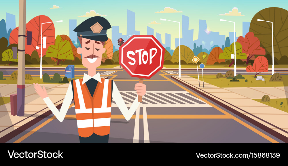 Guard with stop sign on road crosswalk Royalty Free Vector