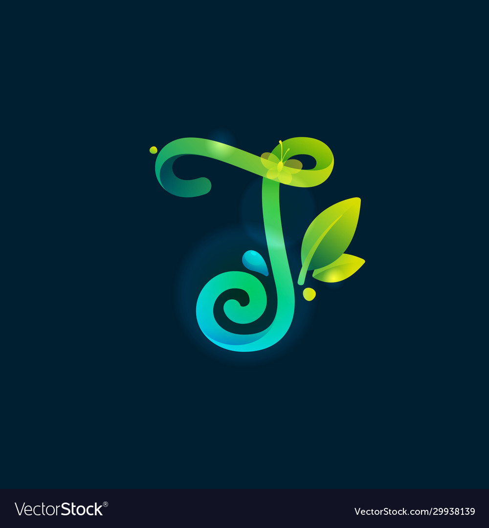 J letter eco logo with green curved lines leaves