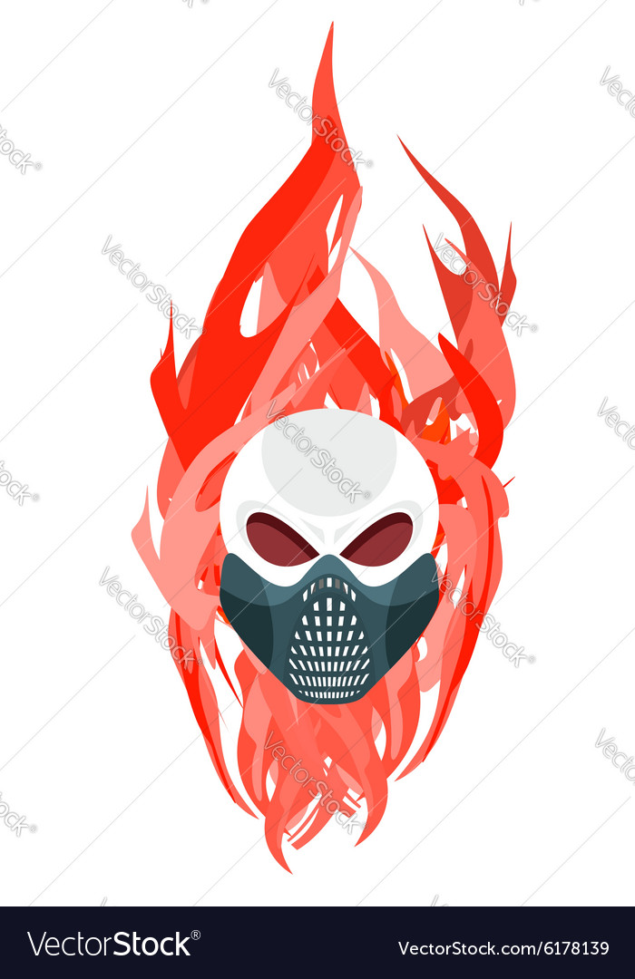 Skull protective mask against a backdrop of flames