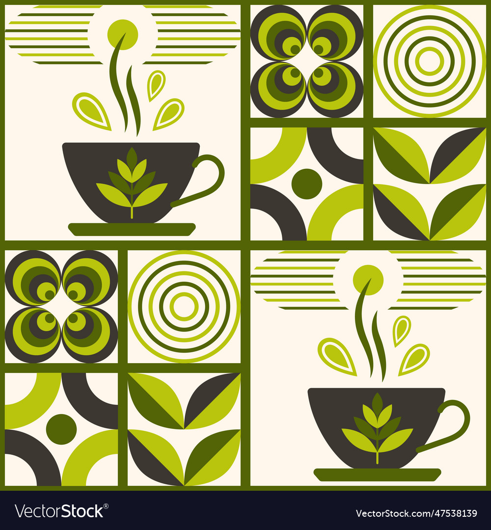 Tea themed pattern with icons in geometric style